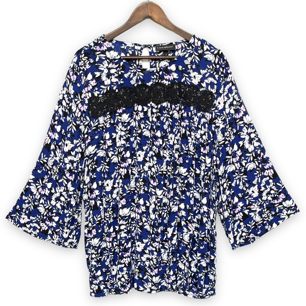 Lane Bryant Blouse Womens 18 Blue Floral Lace Trim Bell Sleeve Excellent